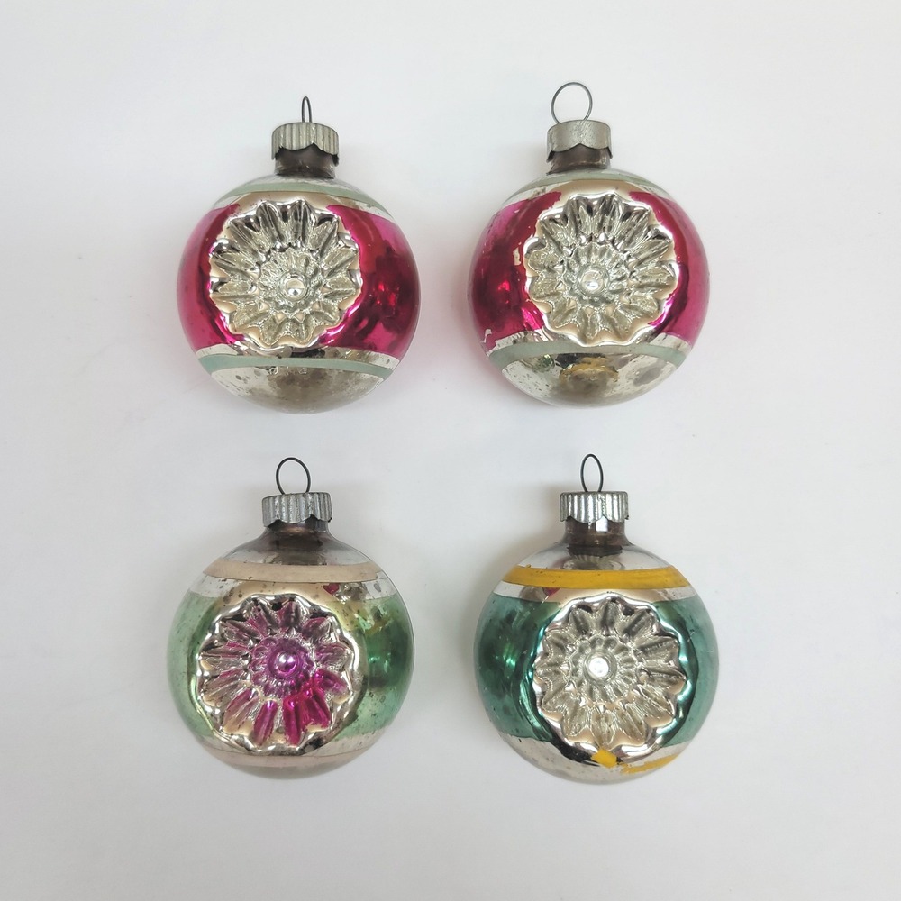 Shiny Brite Vtg Small Glass Christmas Ornaments Double Indent Striped Set of 4